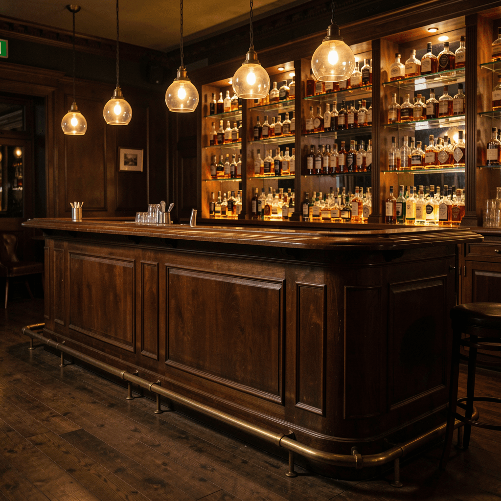 Royal Reels front bar with polished wood counter and pendant lights