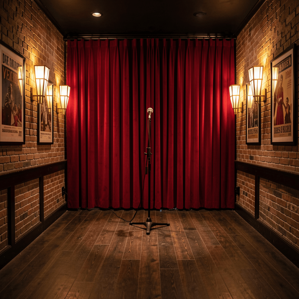 Back room stage with microphone and velvet curtains at Royal Reels