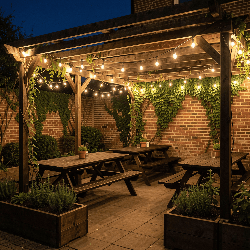 Royal Reels covered beer garden with string lights at night