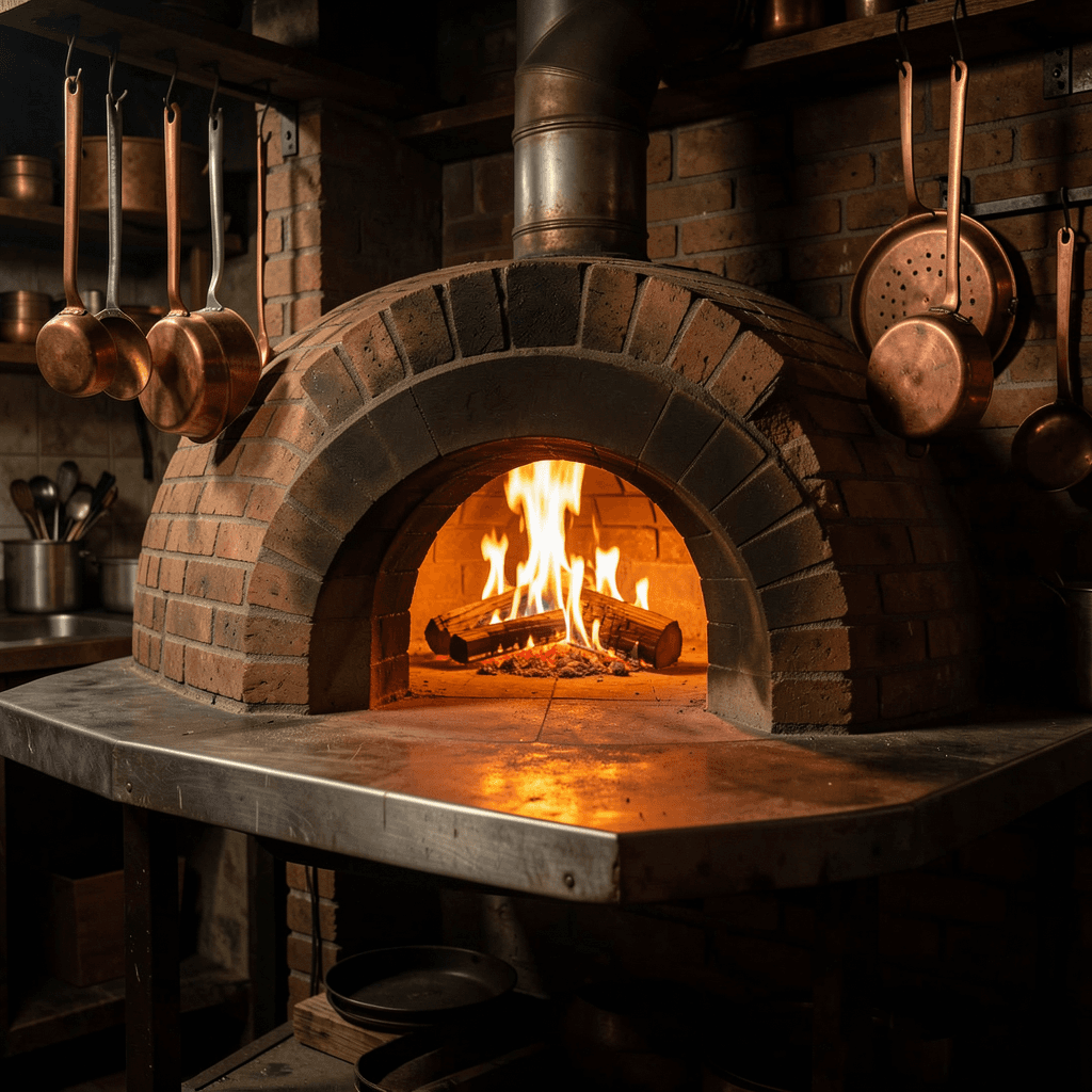 Wood-fired pizza oven with visible flames at Royal Reels