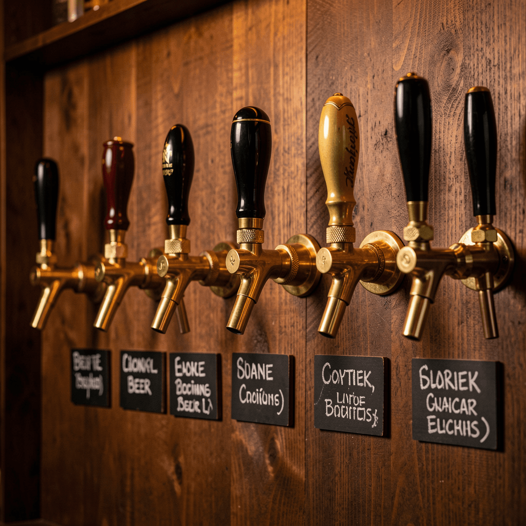 Ten craft beer taps with brass handles at Royal Reels bar