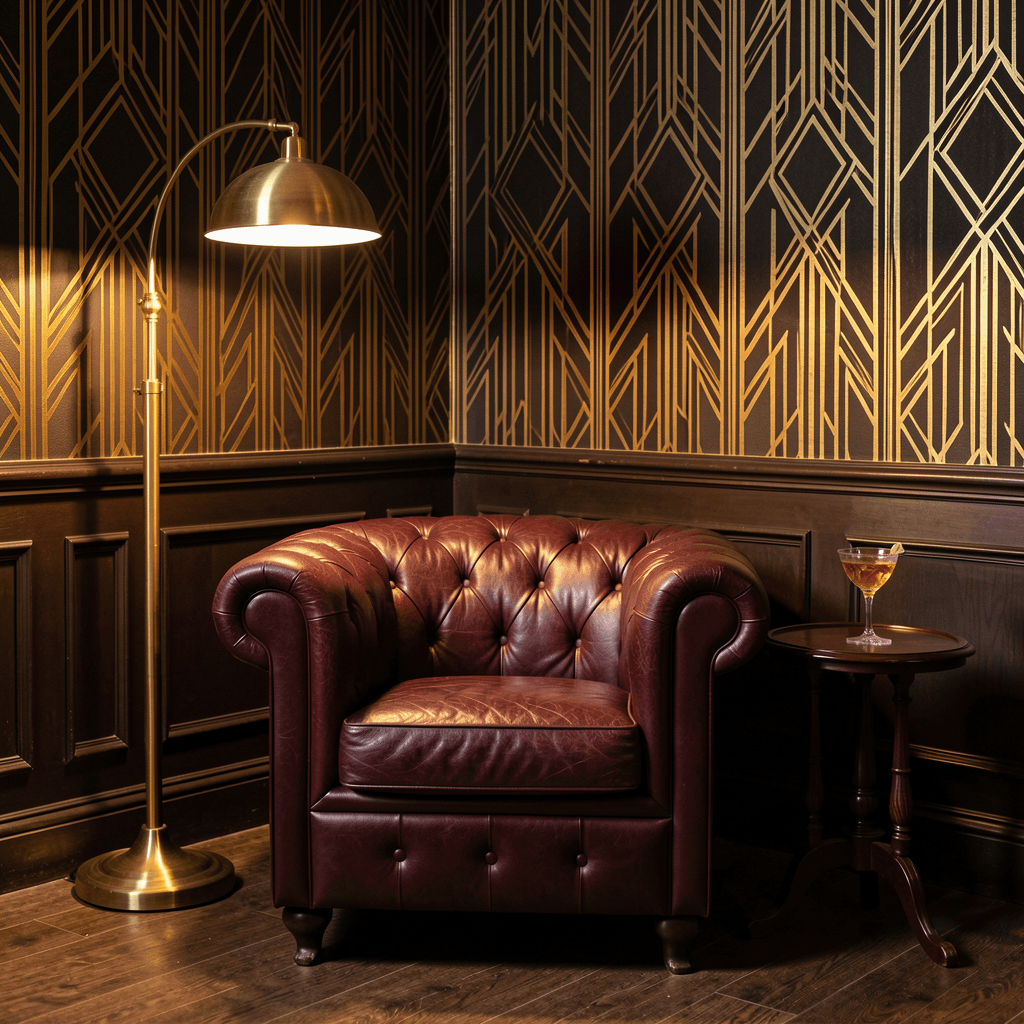 Vintage chesterfield armchair corner with brass lamp at Royal Reels